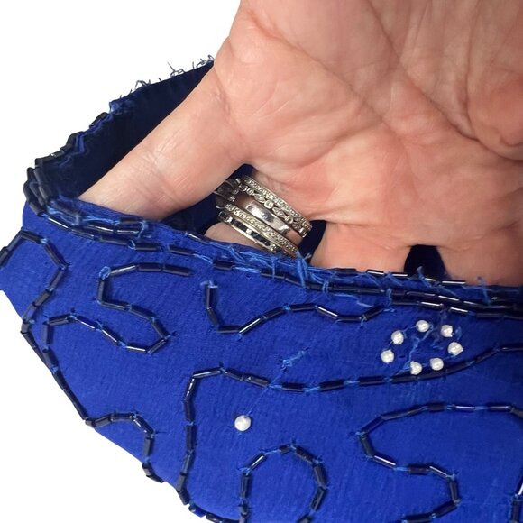 VTG 90s Ibiza Silk Hand Beaded Halter Neck Column Gown S Maxi Dress Royal Blue - Picture 8 of 12